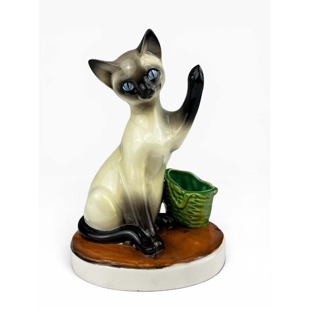 Vintage Siamese Cat Bank Basket Blue Eyes Raised Paw Up MCM